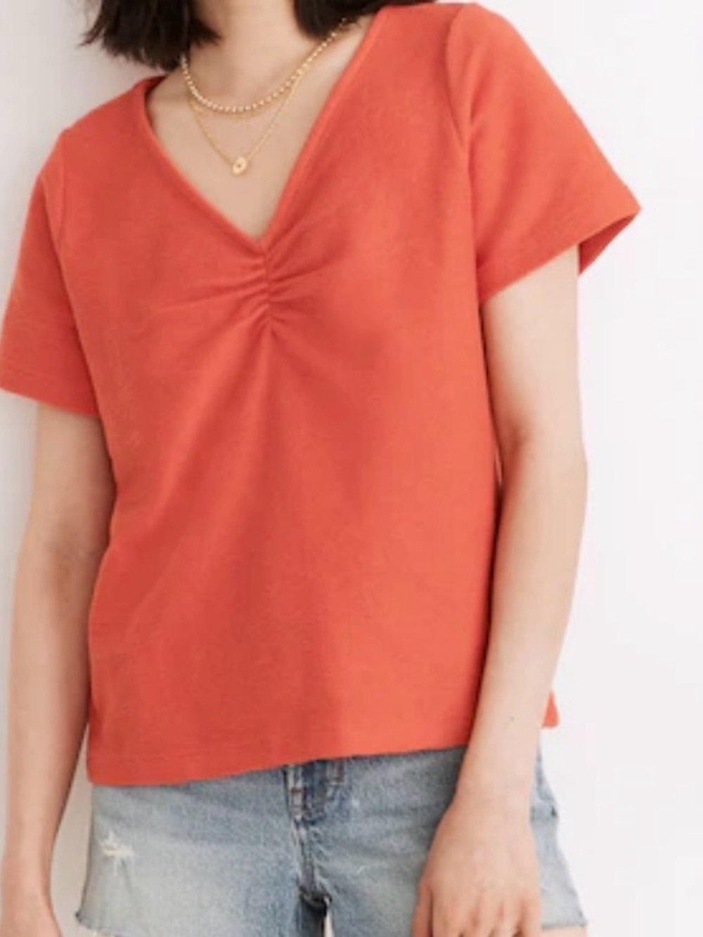 Madewell Women’s S Coral Red Jacquard Ruched- V-Neck short sleeve Cotton Top